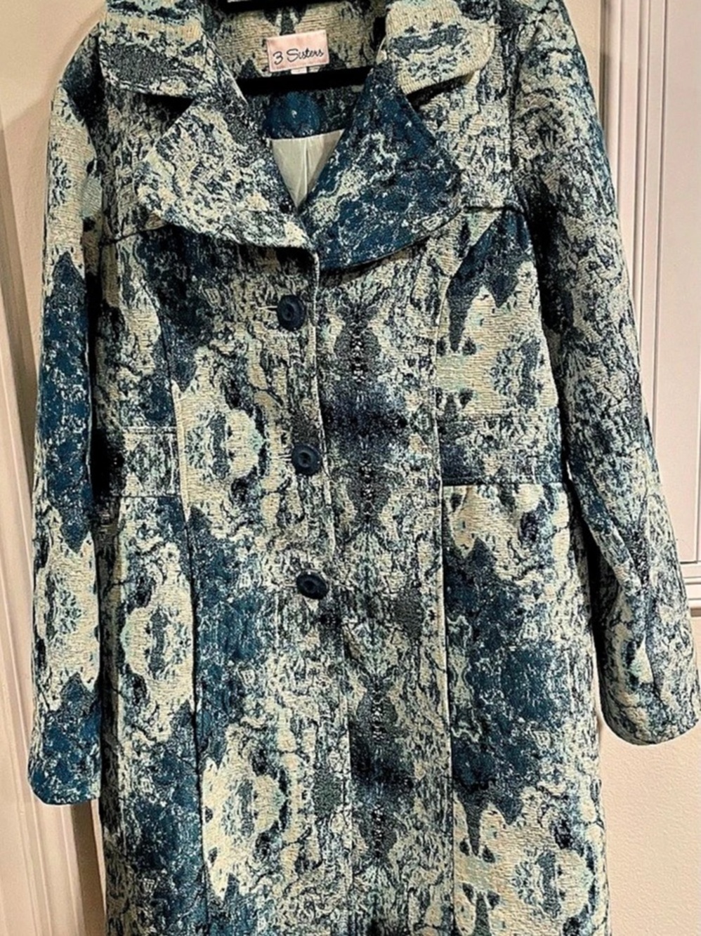 3 Sisters Abstract Trench Coat in Blue & Beige Size Large Like New